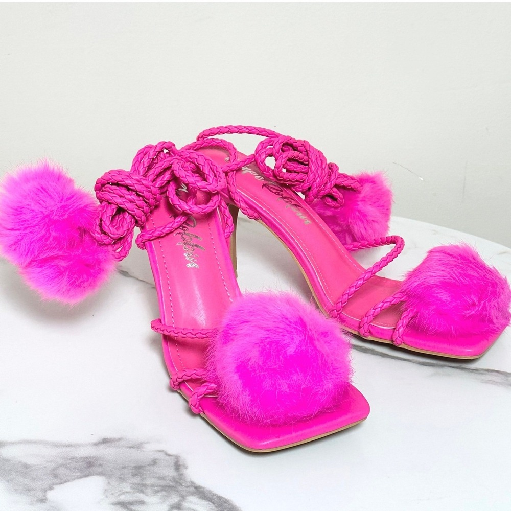 Cape Robbin Marje Pink Faux Fur Pom Pom Lace Up Braided Stiletto Heels SZ 7 NEW - Picture 3 of 7